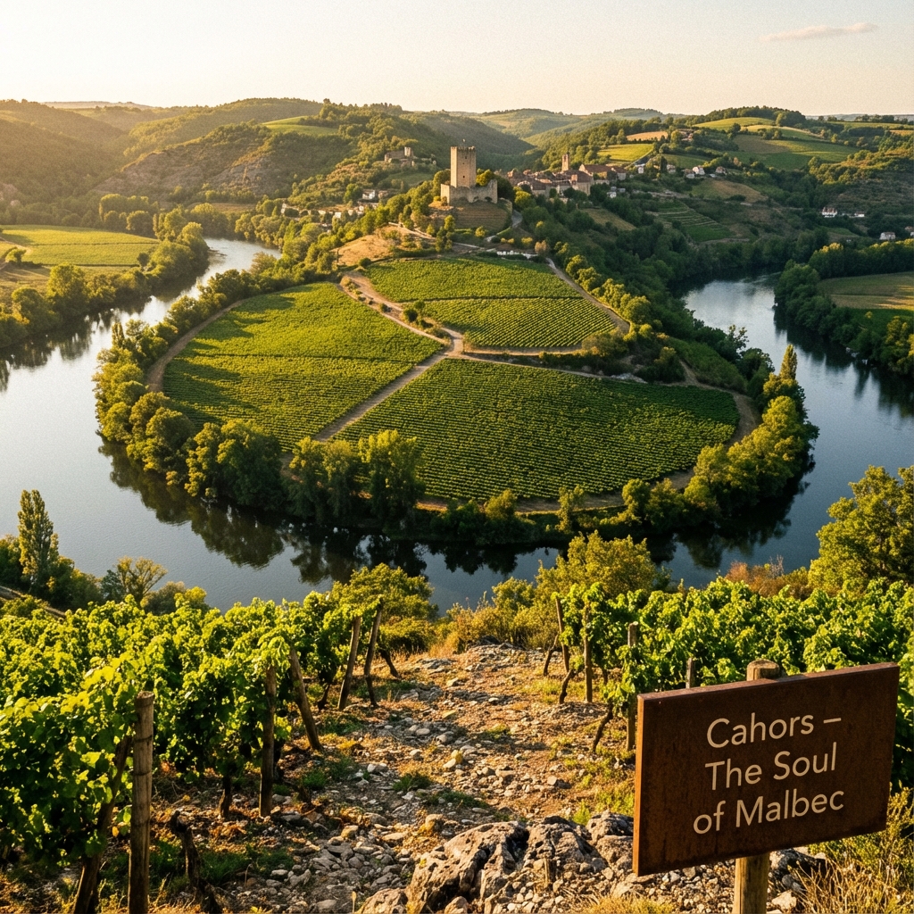 Vue panoramique des vignes du Domaine de Lapistoule sous le ciel de Cahors